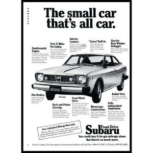 1974 Subaru Front Drive Small Car Vintage Print Ad Fuel Crisis Man Cave Wall Art